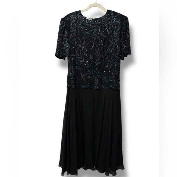 Brilliante Silk Vintage Black Beaded Embroidered Floral Elegant Dress Size Large - Picture 3 of 10